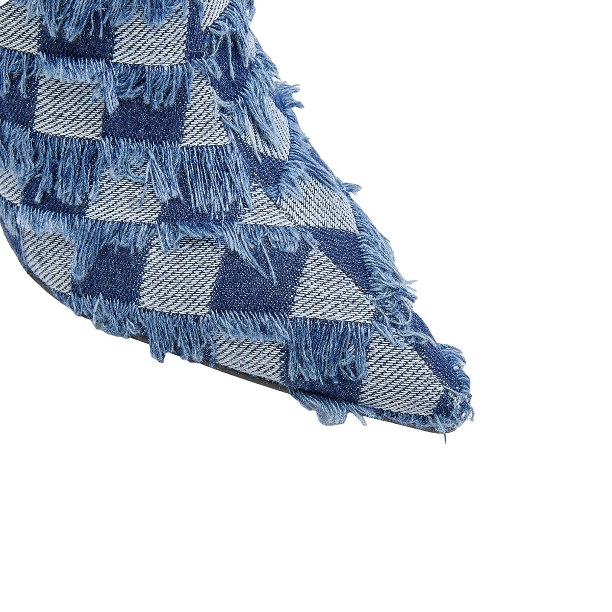 Blue Checkered Frayed Denim Ankle Boots