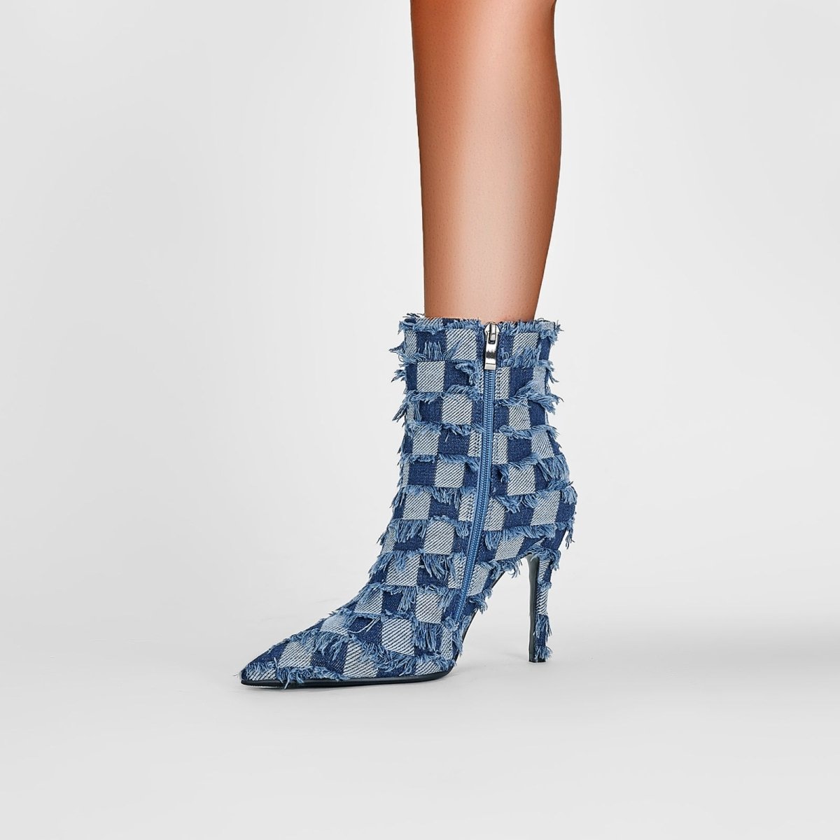 Blue Checkered Frayed Denim Ankle Boots