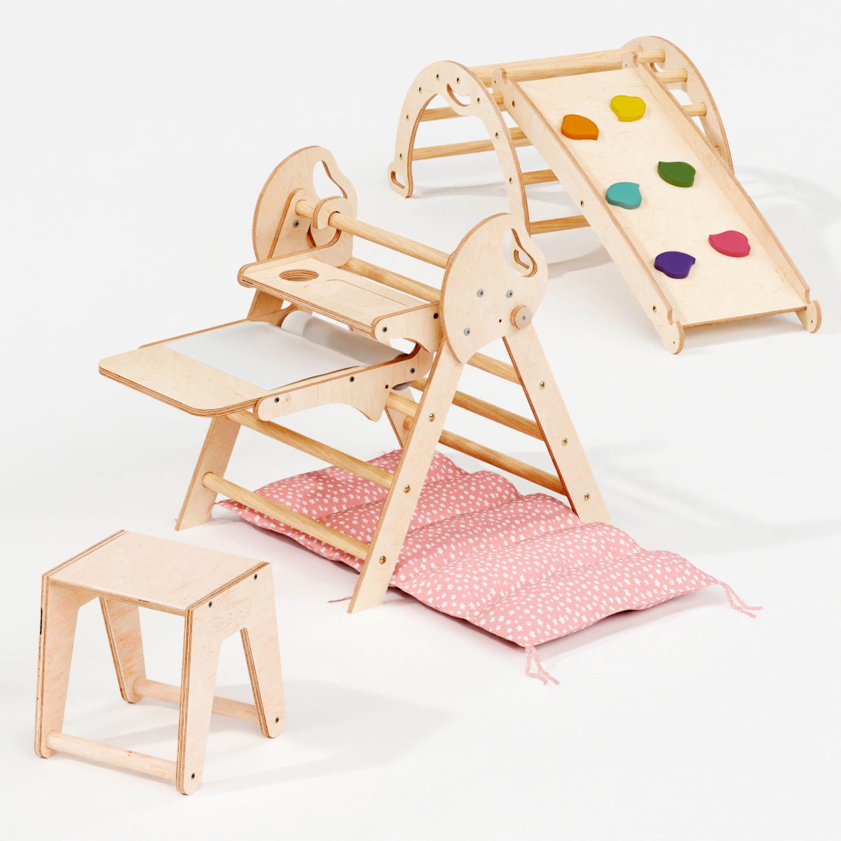 Montessori 5in1 Kletterdreieck für Babys: Pikler-Dreieck, Kletterbogen, Kunst-Erweiterung ,Rutschbrett und Kissen für Kleinkinder (1–3 Jahre)