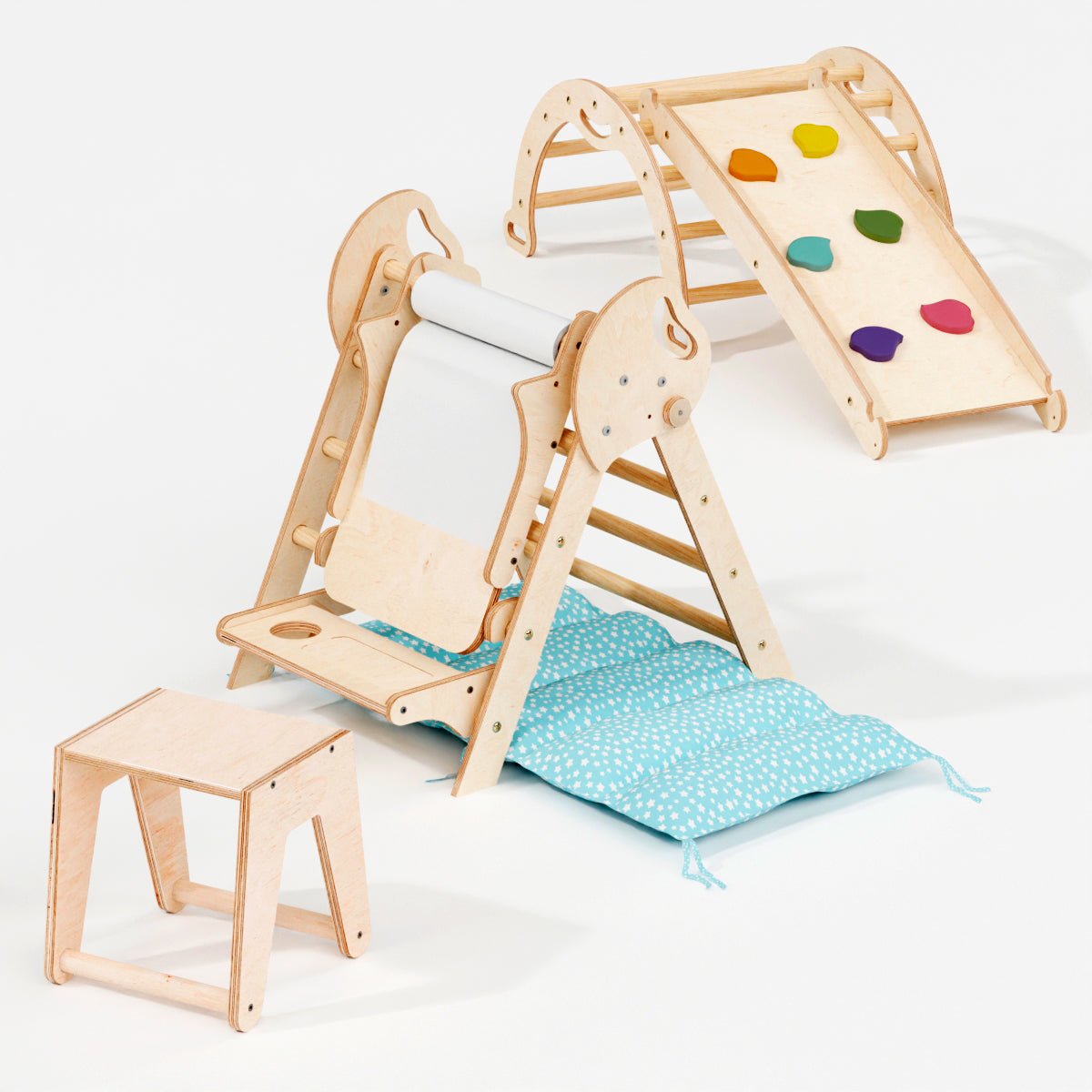 Montessori 5in1 Kletterdreieck für Babys: Pikler-Dreieck, Kletterbogen, Kunst-Erweiterung ,Rutschbrett und Kissen für Kleinkinder (1–3 Jahre)