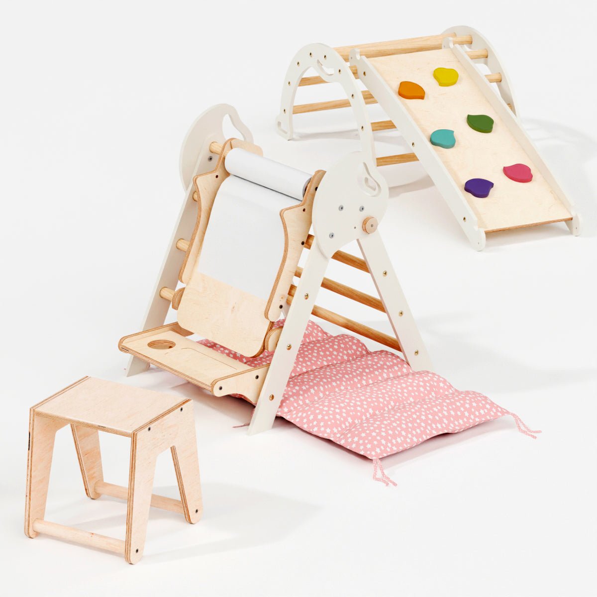 Montessori 5in1 Kletterdreieck für Babys: Pikler-Dreieck, Kletterbogen, Kunst-Erweiterung ,Rutschbrett und Kissen für Kleinkinder (1–3 Jahre)