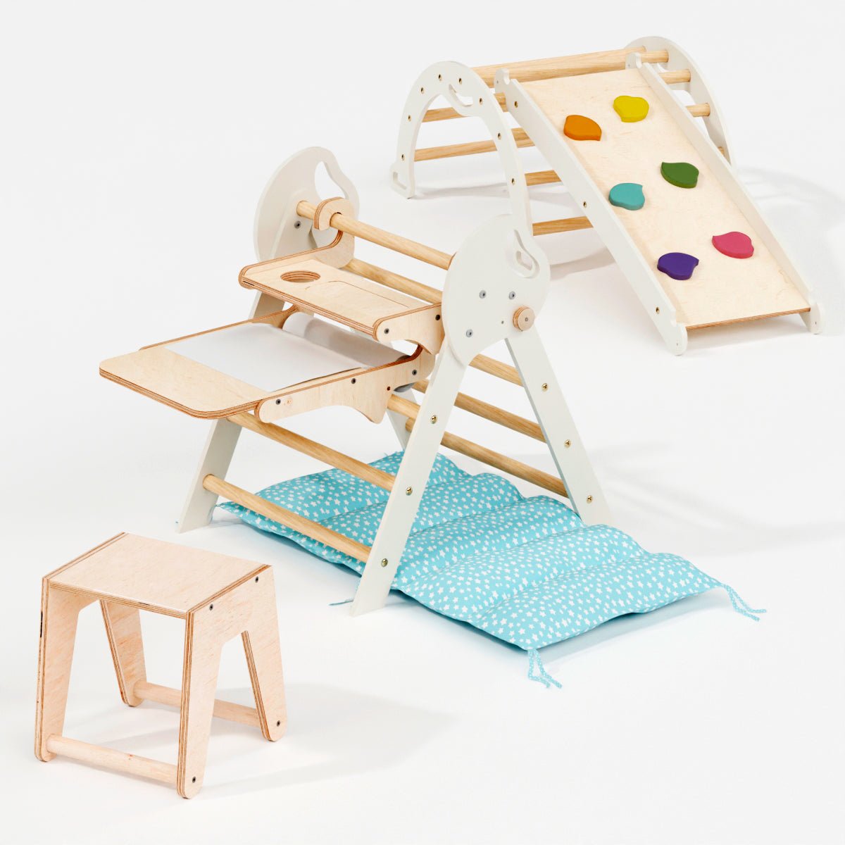 Montessori 5in1 Kletterdreieck für Babys: Pikler-Dreieck, Kletterbogen, Kunst-Erweiterung ,Rutschbrett und Kissen für Kleinkinder (1–3 Jahre)