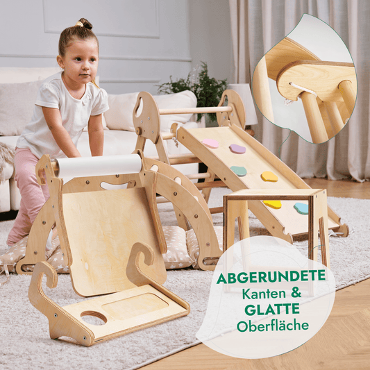 Montessori 5in1 Kletterdreieck für Babys: Pikler-Dreieck, Kletterbogen, Kunst-Erweiterung ,Rutschbrett und Kissen für Kleinkinder (1–3 Jahre)