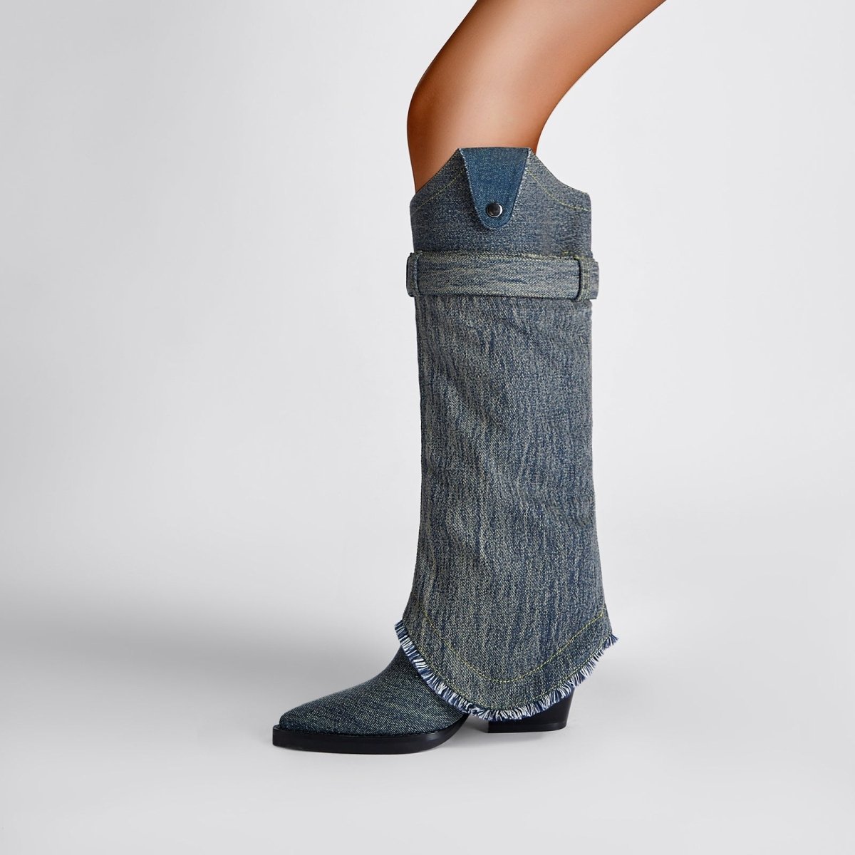 Washed Out Denim High Boots with Detachable Sleeves