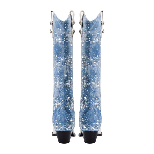 White and Denim Foldover Knee High Boots